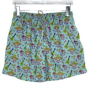 Amiani L Blue Colorful Sugar Skull Pepper Sombrero Guitar Swim Trunk Shorts